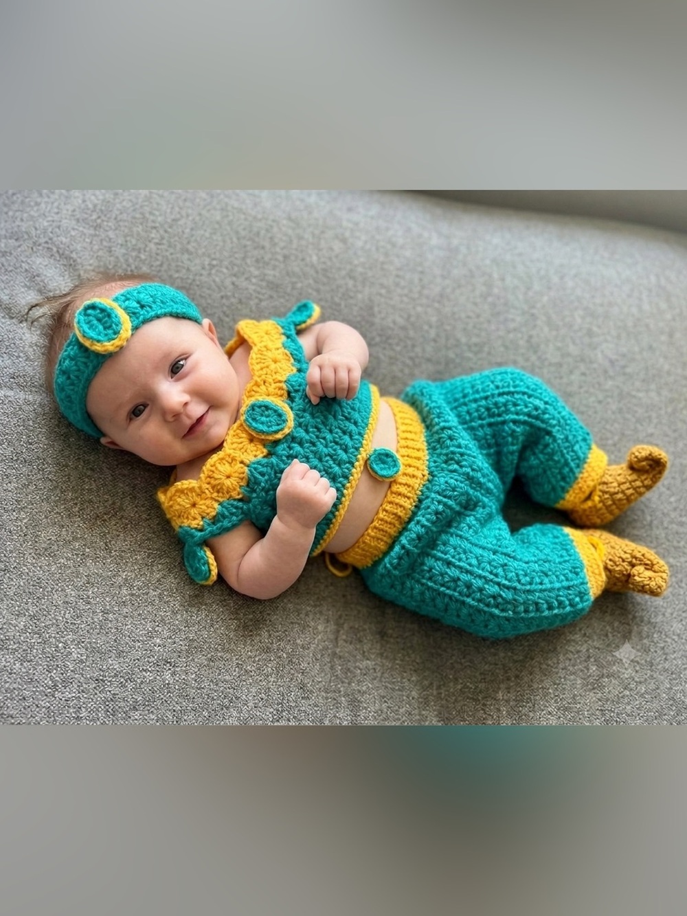 Handmade Teal and Yellow Crochet Baby Outfit - Jasmine inspired baby Accessories
